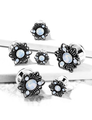 Tunnel acier fleur opalite blanche – Bijou de piercing élégant
