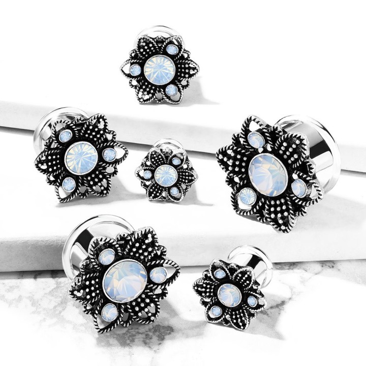 Tunnel acier fleur opalite blanche – Bijou de piercing élégant