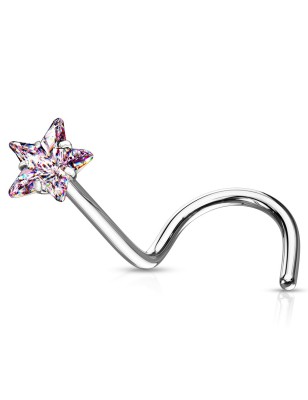 Piercing nez étoile strass rose – Tige tire-bouchon en acier