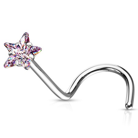 Piercing nez étoile strass rose – Tige tire-bouchon en acier