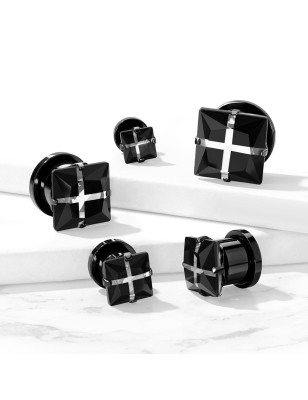 Plug acier zircon noir carré – Bijou de piercing élégant et mystique