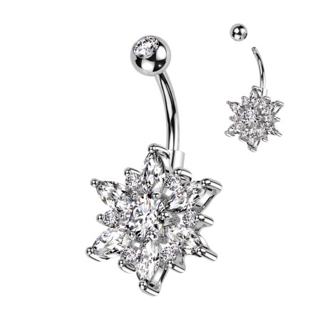 Piercing nombril fleur strass marquise – Acier brillant