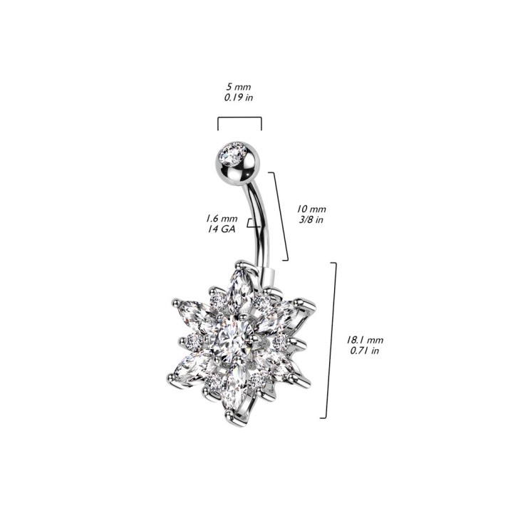 Piercing nombril fleur strass marquise – Acier brillant