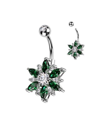 Piercing nombril fleur émeraude – Acier et strass marquise