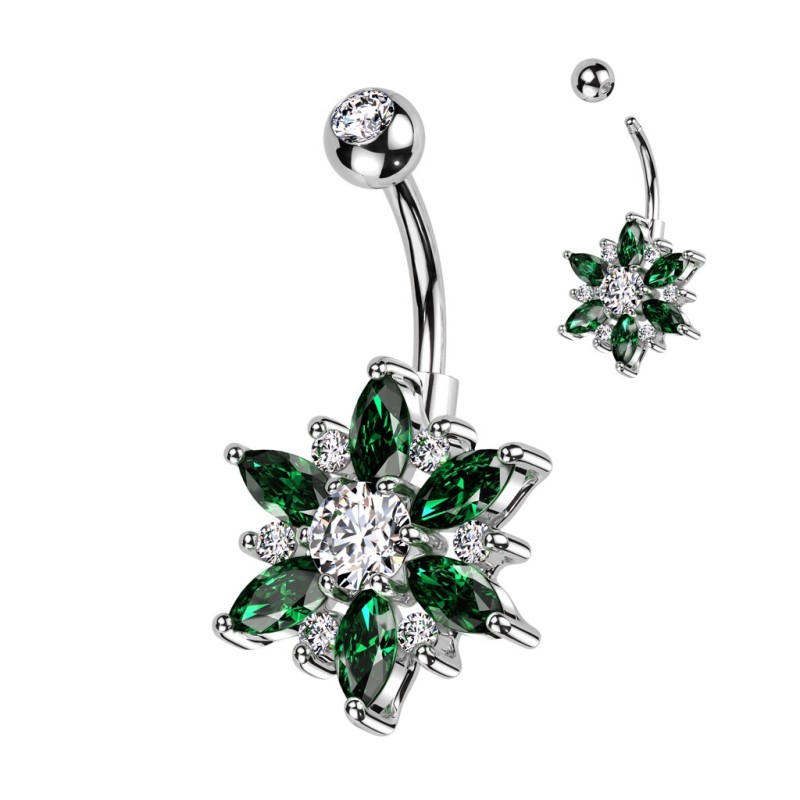 Piercing nombril fleur pétales marquise émeraude Piercing nombril fleur pétales marquise émeraude