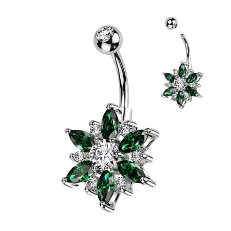 Piercing nombril fleur émeraude – Acier et strass marquise