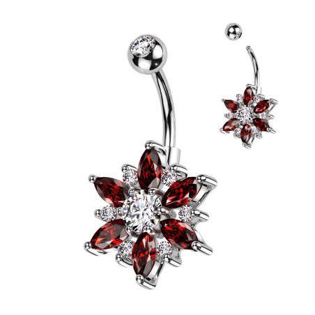 Piercing nombril fleur rouge – Acier et strass marquise