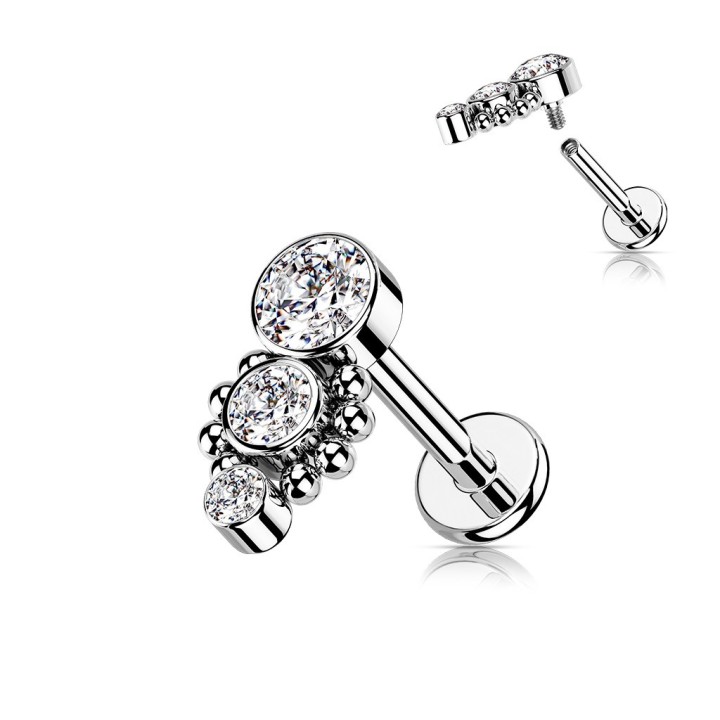 Labret oreille acier – Trois strass brillants