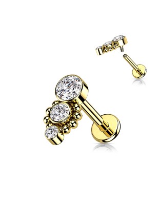 Labret oreille doré PVD – Trois strass brillants