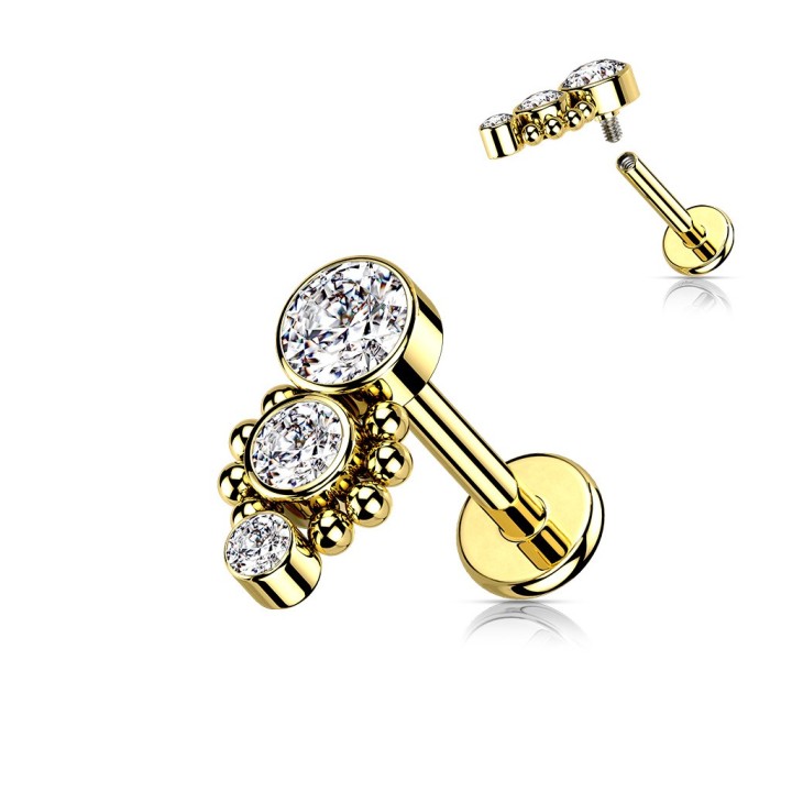 Labret oreille doré PVD – Trois strass brillants