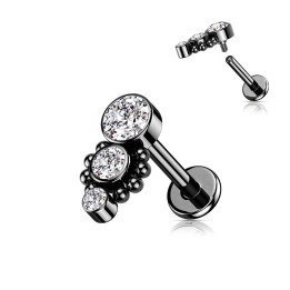 Labret oreille noir – Trois strass brillants en acier PVD