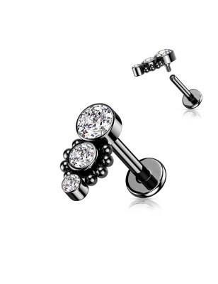 Labret oreille noir – Trois strass brillants en acier PVD