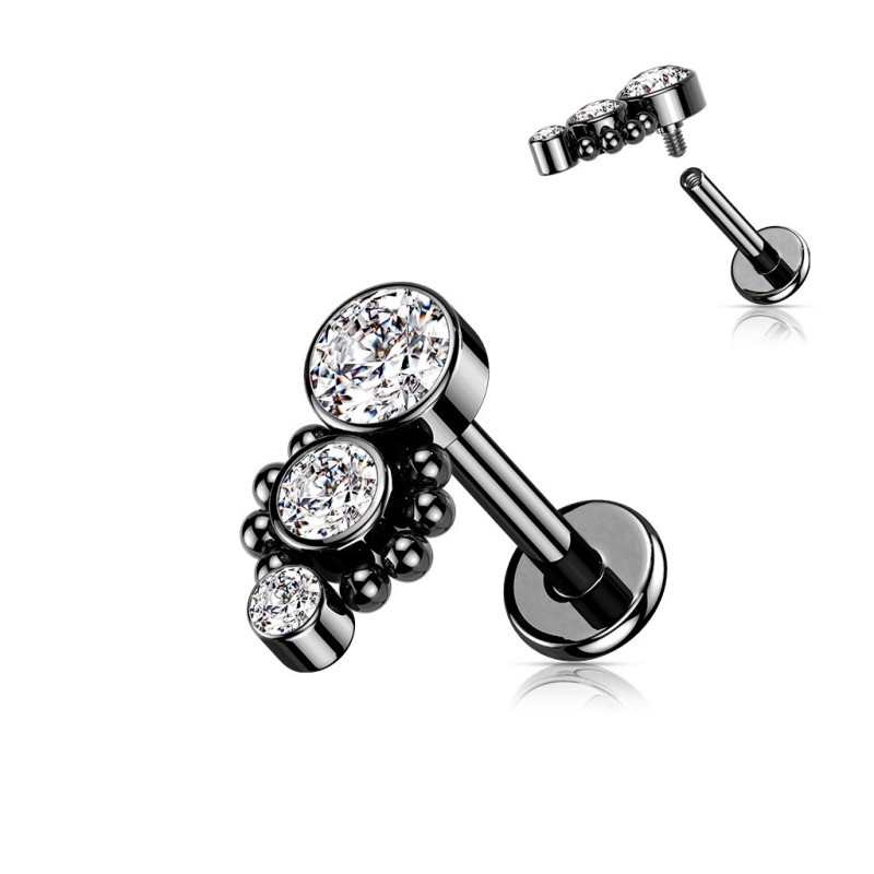 Piercing oreille labret acier noir à trois zircons Piercing oreille labret acier noir à trois zircons