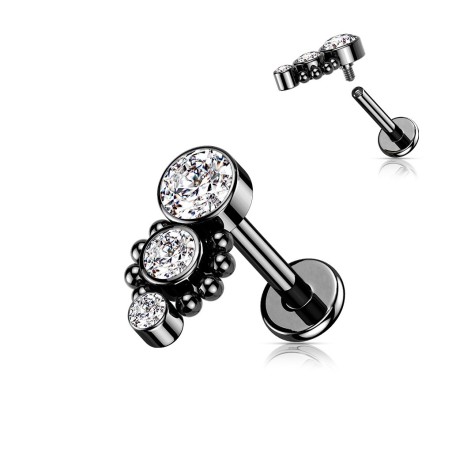 Labret oreille noir – Trois strass brillants en acier PVD