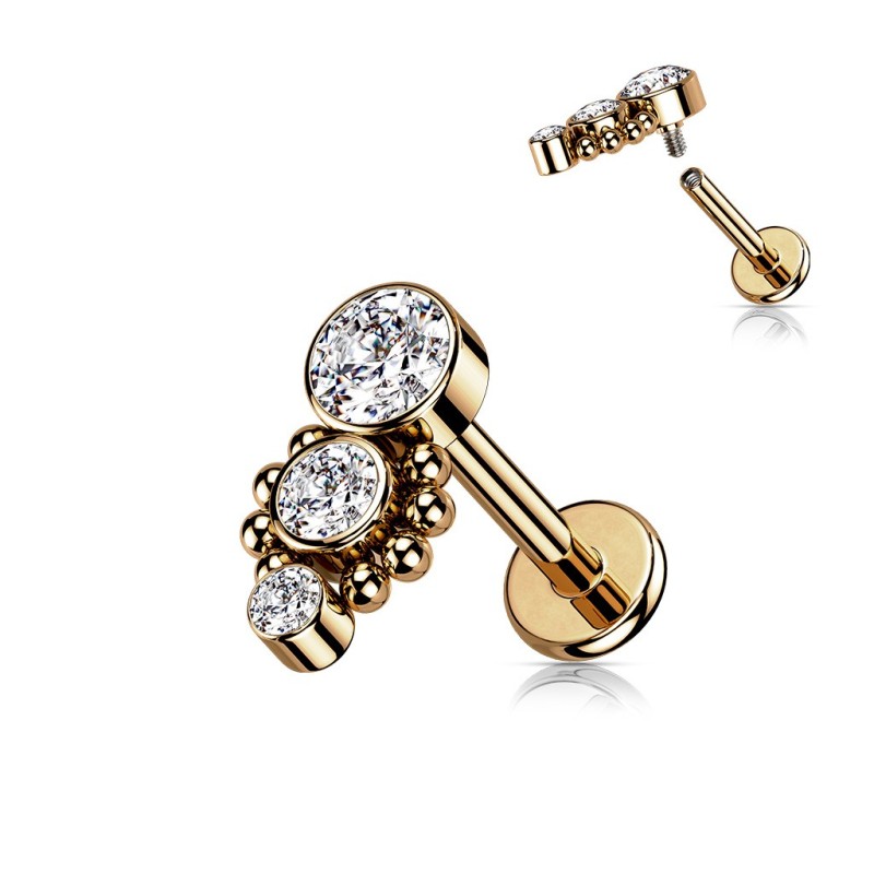 Piercing oreille labret acier rosé à trois zircons Piercing oreille labret acier rosé à trois zircons