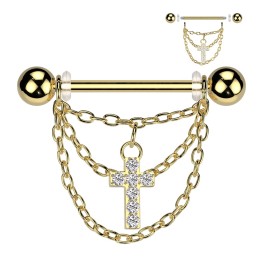Piercing téton doré PVD – Croix et chaînes pendantes