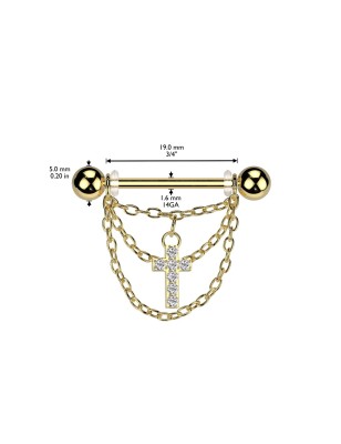 Piercing téton doré PVD – Croix et chaînes pendantes