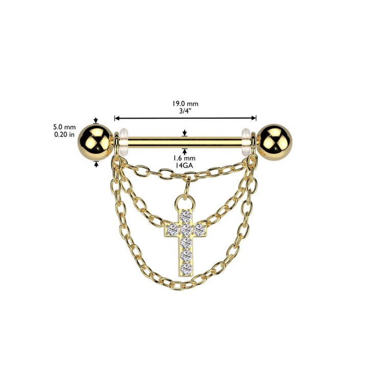 Piercing téton doré PVD – Croix et chaînes pendantes