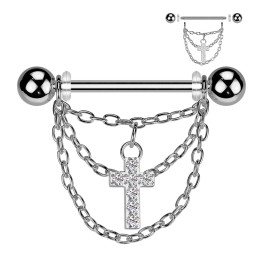 Piercing téton argenté – Croix et chaînes pendantes