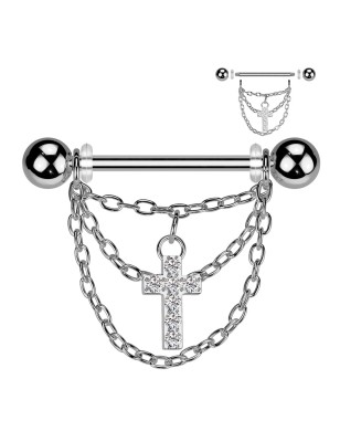 Piercing téton argenté – Croix et chaînes pendantes