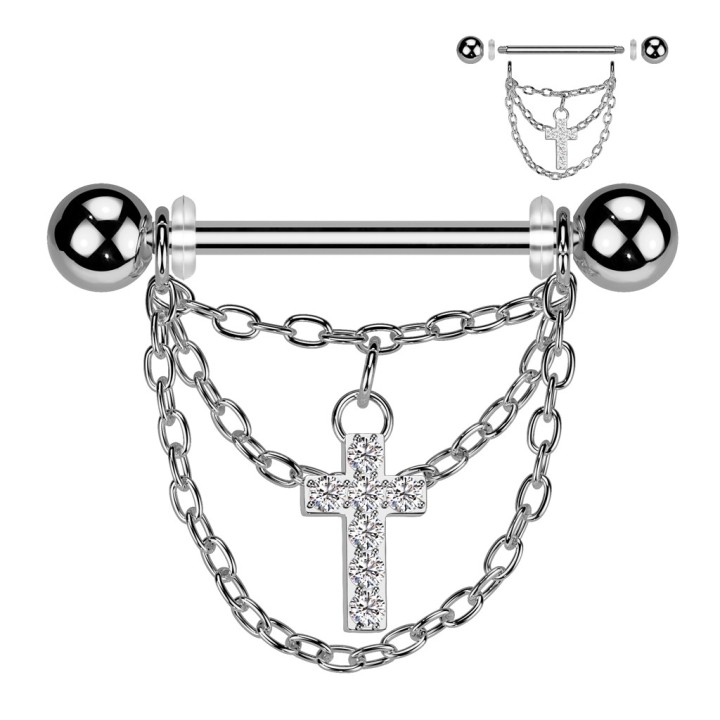 Piercing téton argenté – Croix et chaînes pendantes