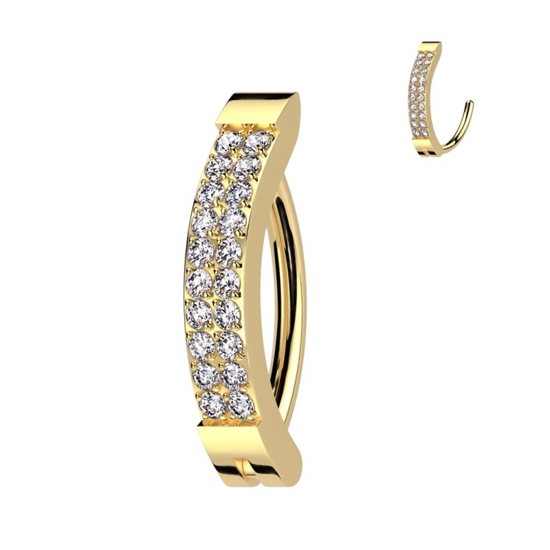 Piercing nombril anneau titane doré double rangée strass Piercing nombril anneau titane doré double rangée strass