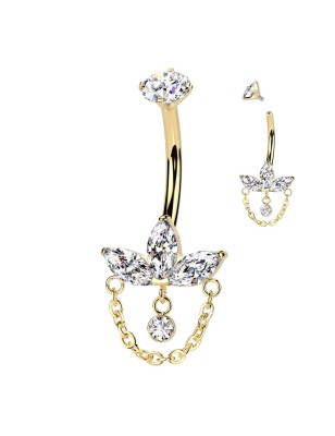 Piercing nombril titane doré avec strass et chaîne – Élégance chic