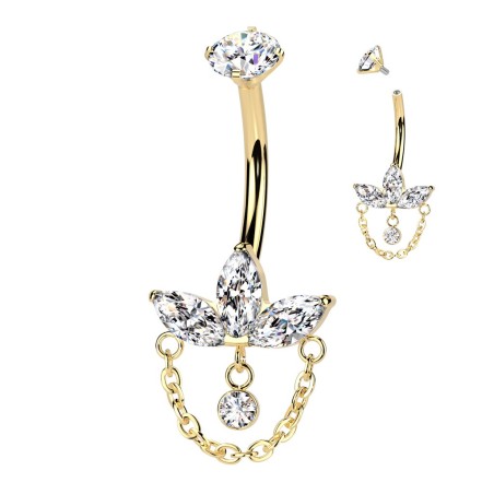 Piercing nombril titane doré avec strass et chaîne – Élégance chic