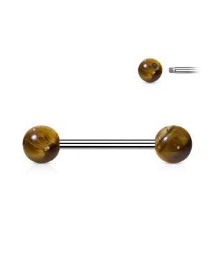 Piercing téton œil de tigre – Barre acier et boules pierre naturelle