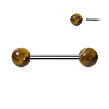 Piercing téton œil de tigre – Barre acier et boules pierre naturelle