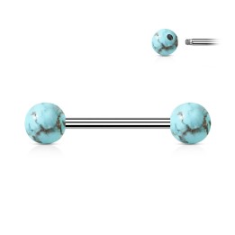 Piercing téton turquoise – Barre acier et boules pierre naturelle