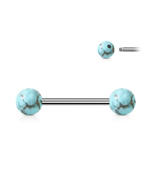 Piercing téton turquoise – Barre acier et boules pierre naturelle