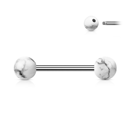 Piercing téton howlite – Barre acier et boules pierre naturelle