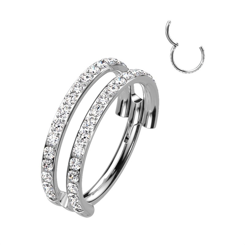 Piercing oreille anneau titane double ligne de strass