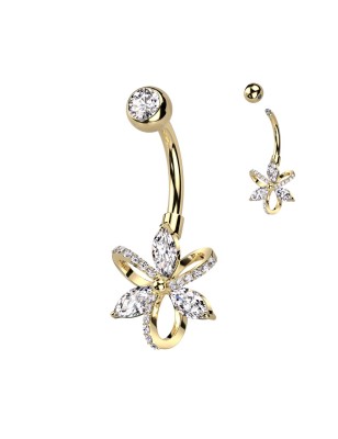 Piercing nombril fleur cristal – Acier plaqué or