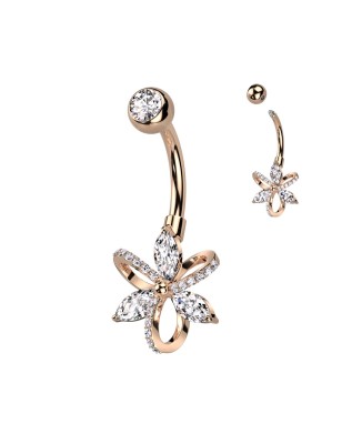 Piercing nombril fleur cristal – Acier plaqué or rose