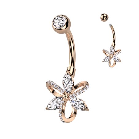 Piercing nombril fleur cristal – Acier plaqué or rose