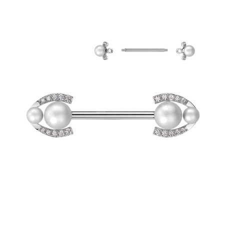 Piercing téton argenté perles & strass – Acier chirurgical