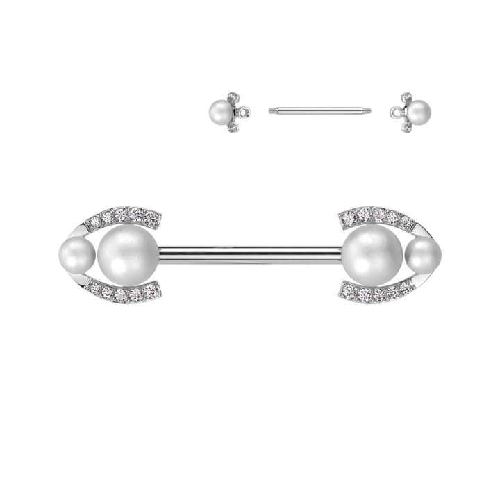 Piercing téton argenté perles & strass – Acier chirurgical