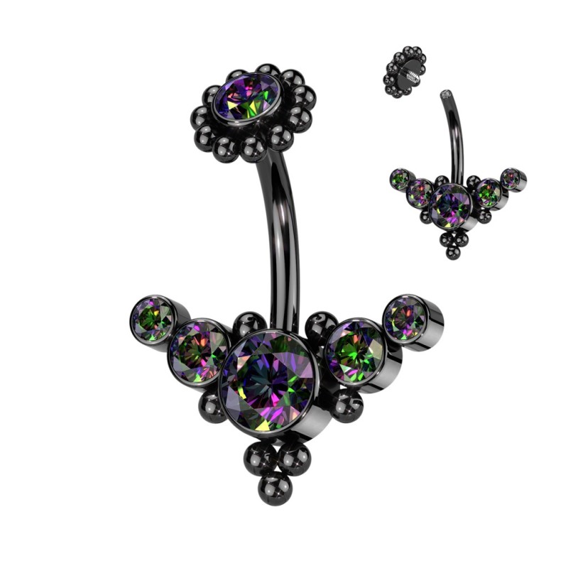 Piercing nombril acier noir zircons et perles