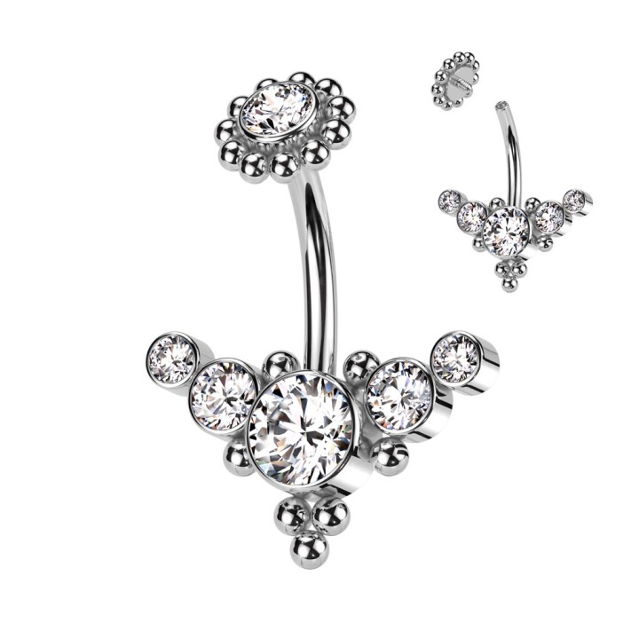 Piercing nombril argenté aux zircons – Acier chirurgical