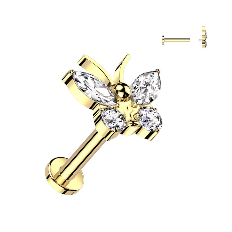Piercing oreille titane doré papillon strass