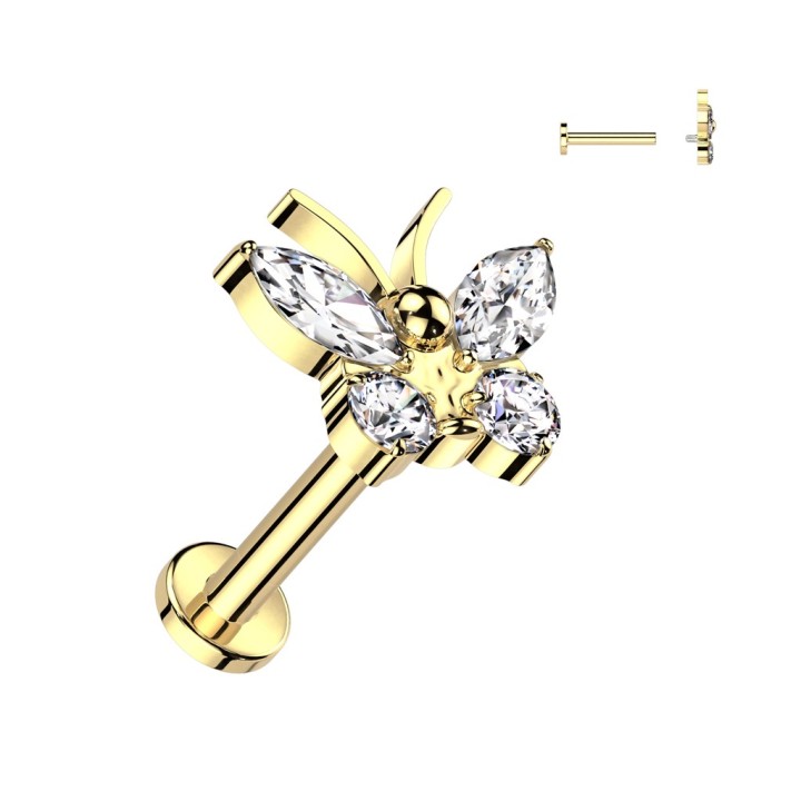 Piercing oreille papillon titane doré – Zircons brillants