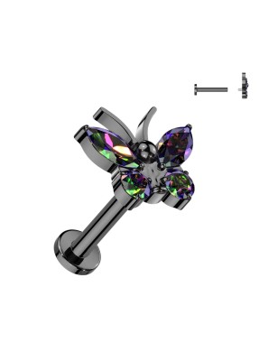 Piercing papillon titane noir – Zircons vitrail multicolores