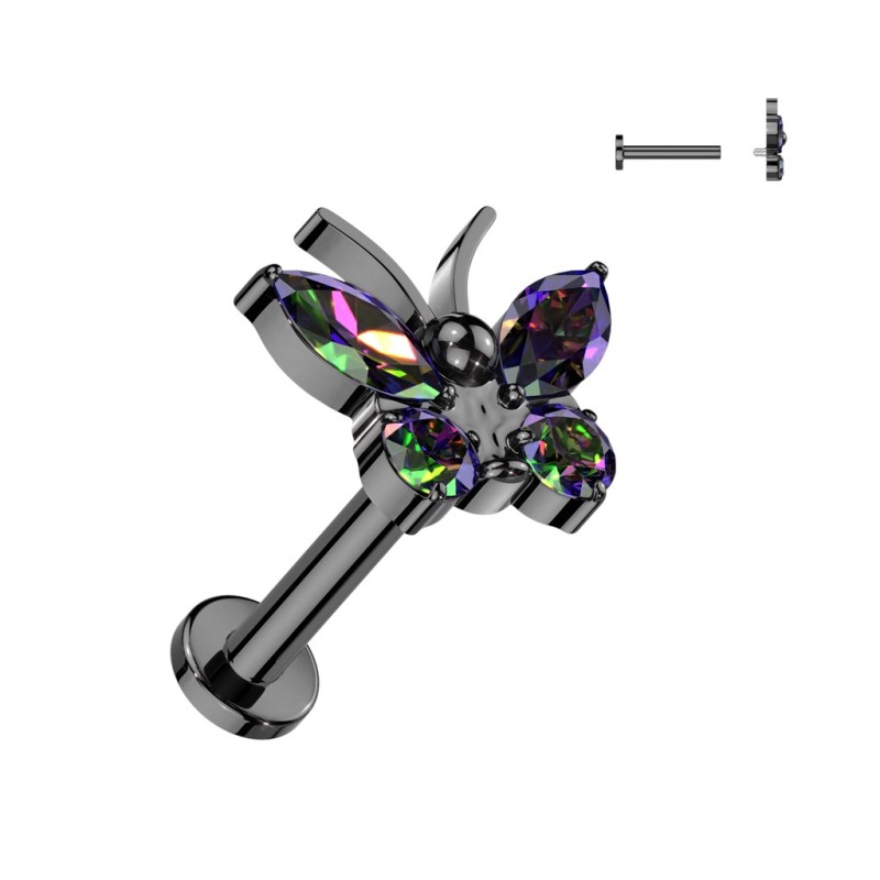 Piercing oreille titane noir papillon strass