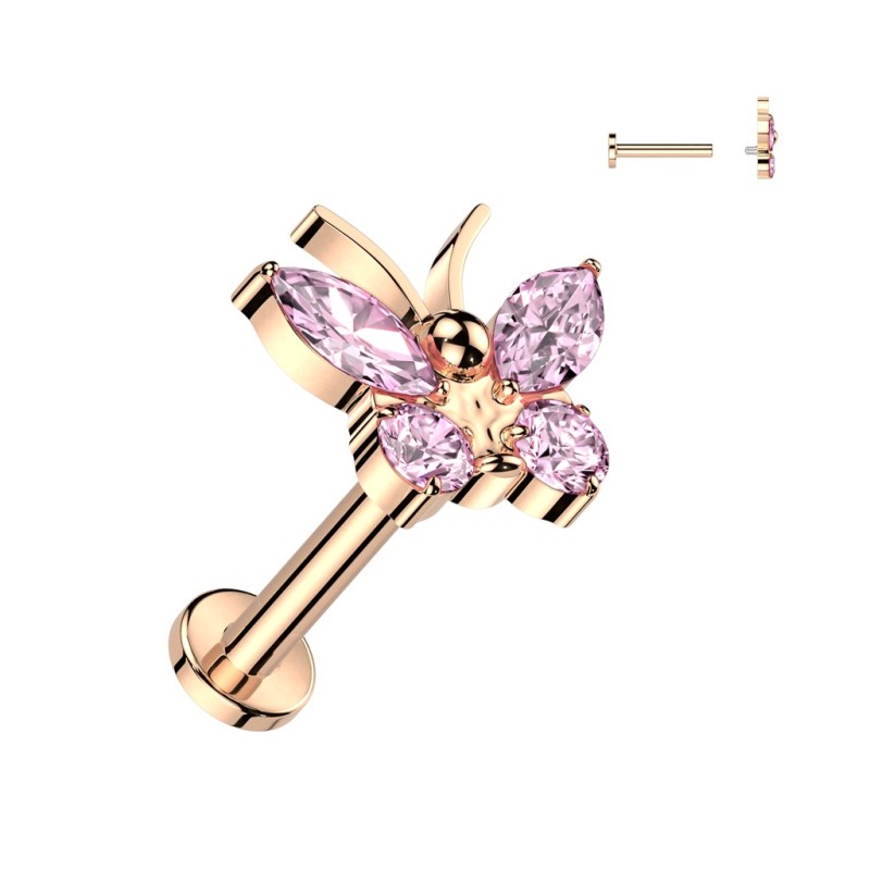Piercing oreille titane rose gold papillon strass