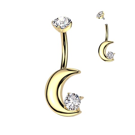 Piercing nombril lune dorée en titane – Zircons blancs