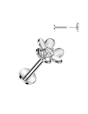Piercing oreille fleur argentée – Acier avec zircon push-in