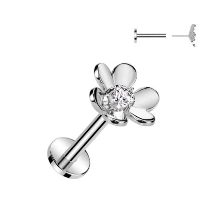 Piercing oreille fleur argentée – Acier avec zircon push-in