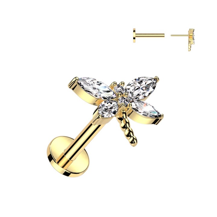 Piercing oreille libellule doré – Acier avec zircons push-in